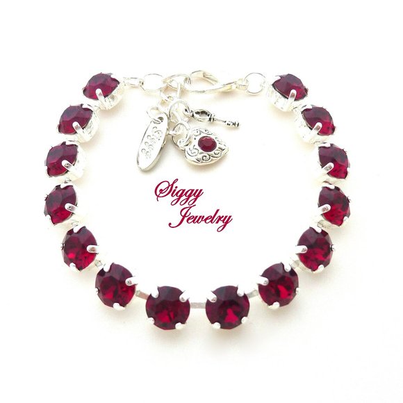 Swarovski Crystal Ruby Tennis Bracelet in Shiny Silver Finish, 8mm Crystals - Picture 1 of 7
